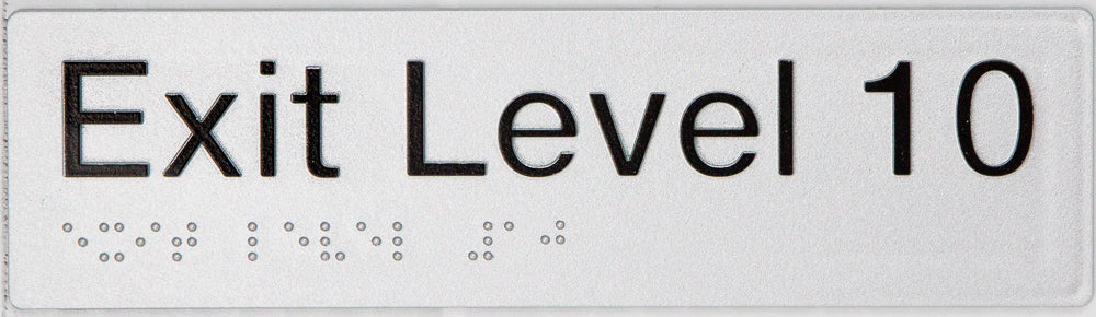 Braille Sign, Exit Level 10, 180 x 50mm, Silver/Black PVC - Image 2