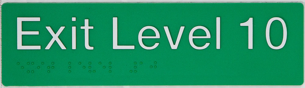 Braille Sign, Exit Level 10, 180 x 50mm, Green/White PVC - Image 2