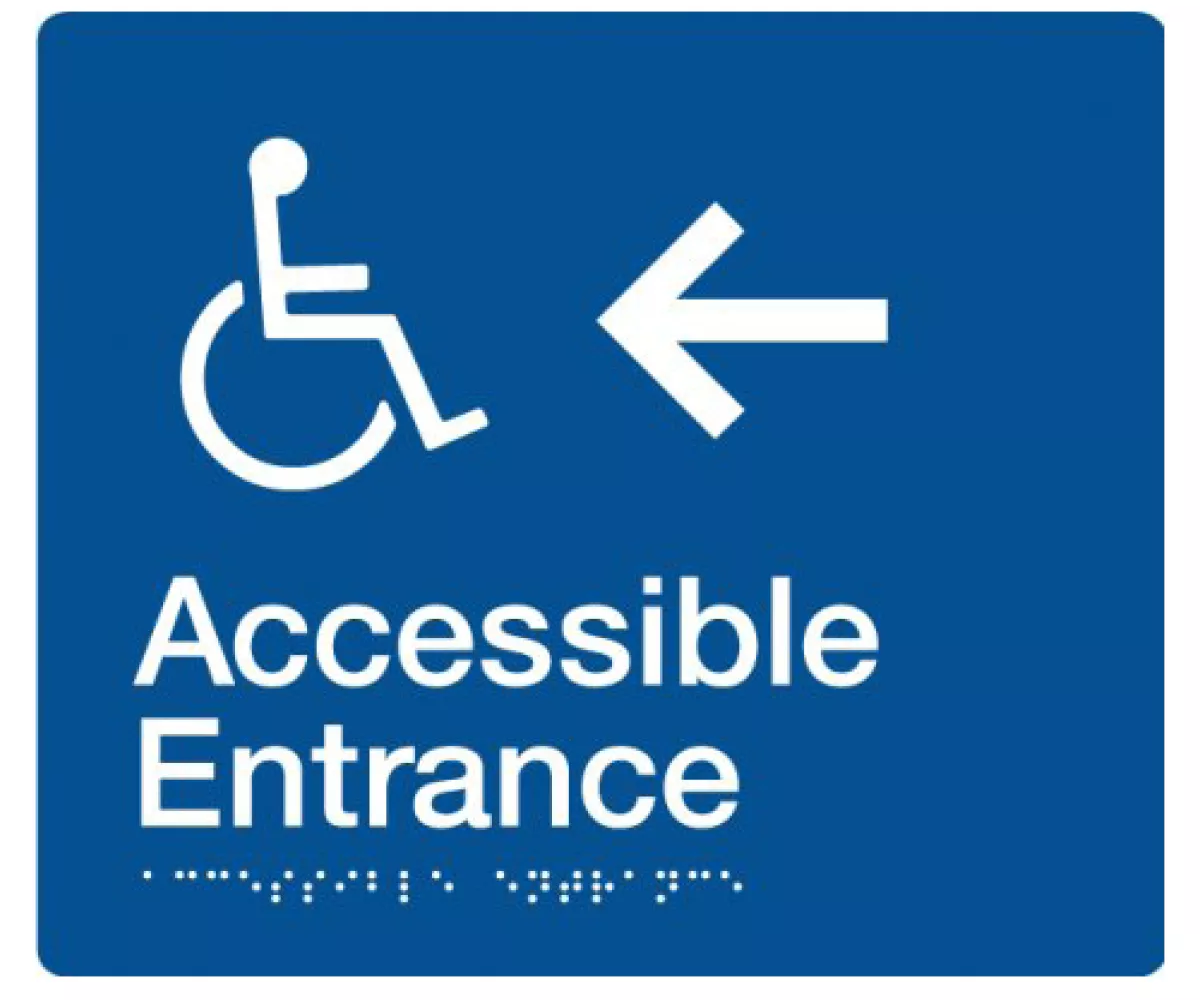 Braille Sign, Wheelchair Accessible Entrance Left, 210 x 180mm, Blue/White PVC - Image 2